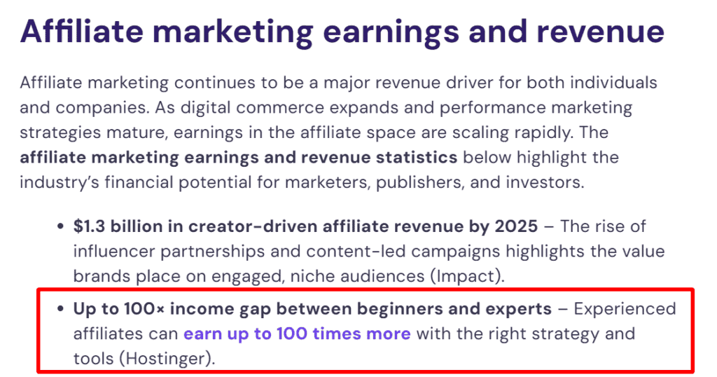 Income gap screenshot amongst affiliate marketers.