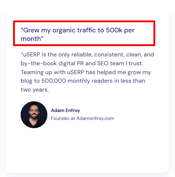 Image vouching that affiliate marketer, Adam Enfroy, got tons of organic traffic after hiring uSERP.