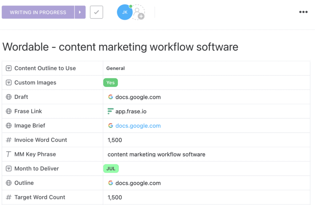Content tasks on ClickUp with custom fields