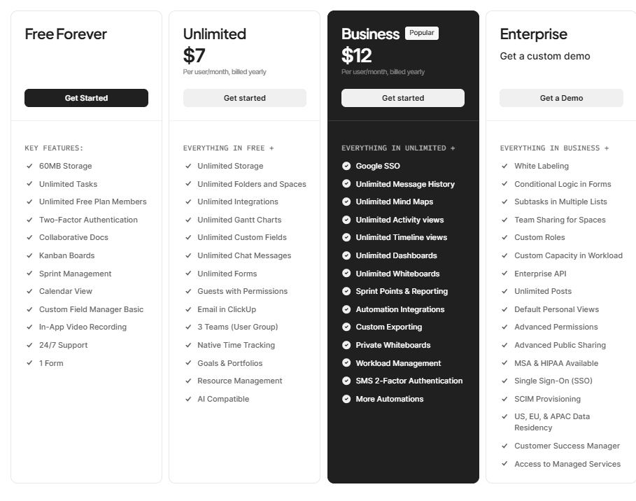 ClickUp's pricing plans.