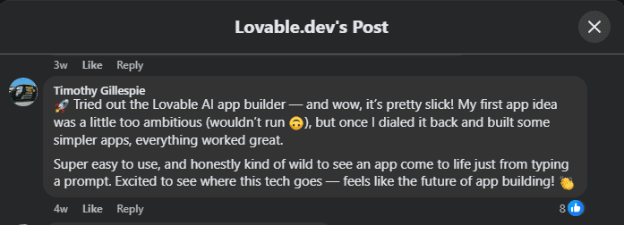 Customer testimonials as comments on ads.

