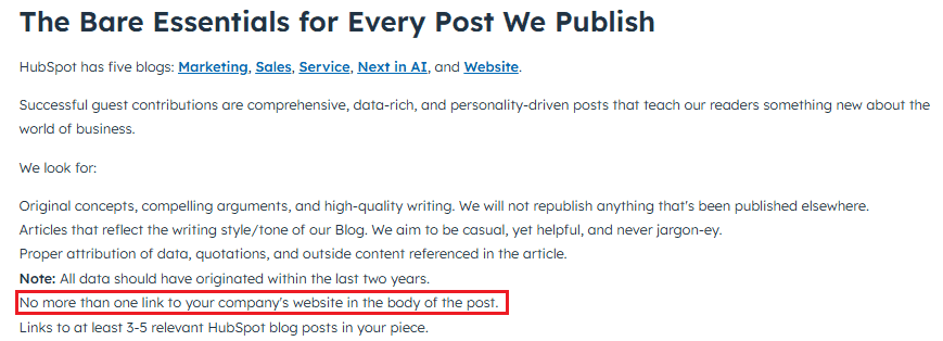 HubSpot’s guest post guidelines show you can receive one quality backlink per piece