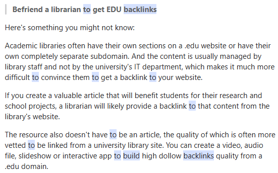 You can get .edu backlinks through quality publications, or your librarian friend