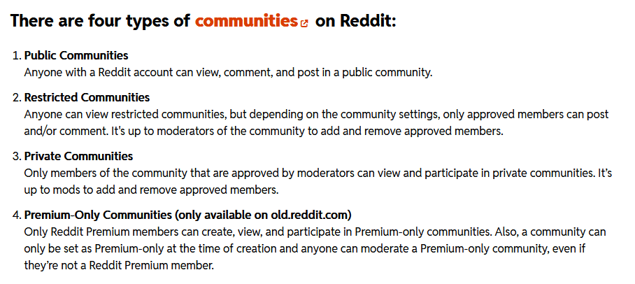 Reddit community types
