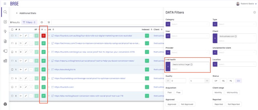 Screenshot of Base’s health check crawler and tracking tool.