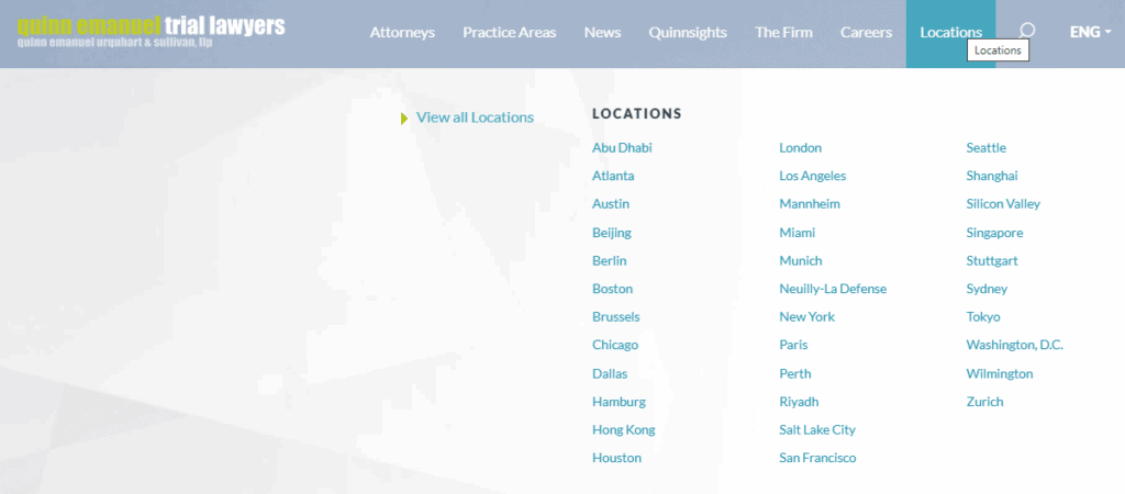 Screenshot of a website menu with localtion pages.