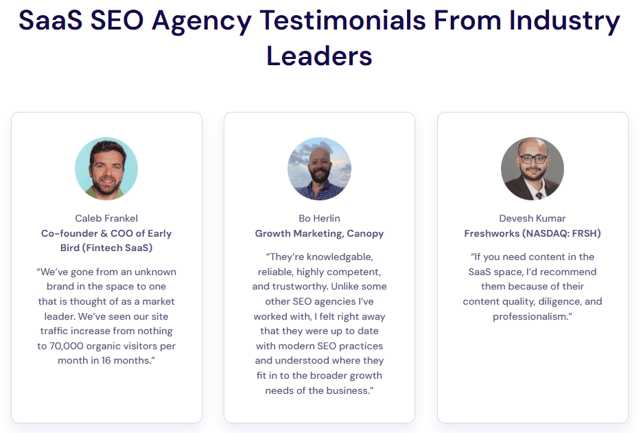 Screenshot of client testimonials on uSERP's SaaS SEO agency landing page.