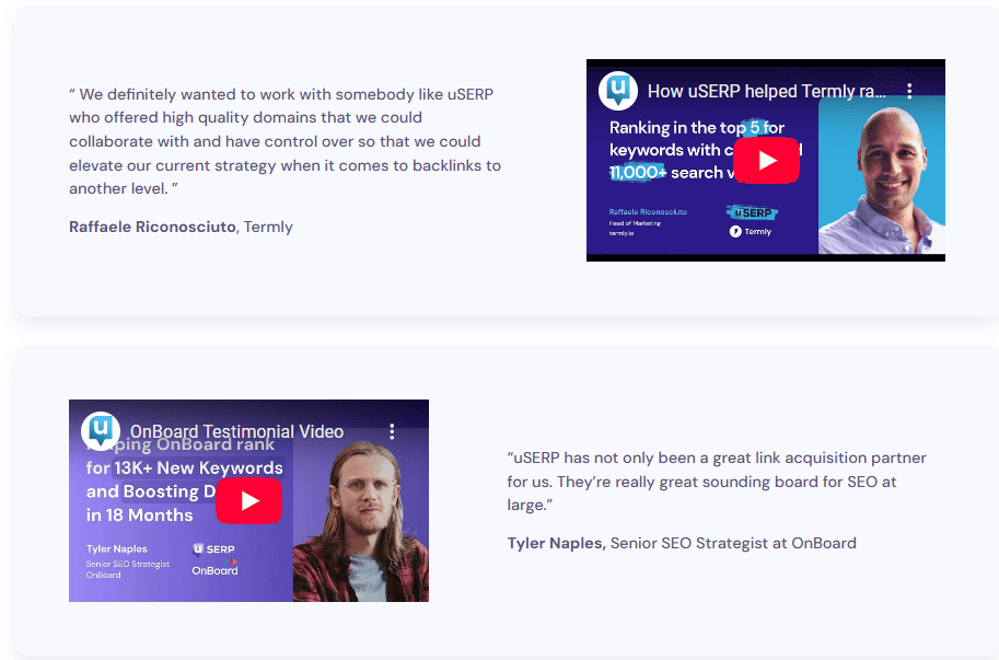 Screenshot of uSERP's video testimonials.