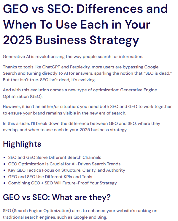 Screenshot of uSERP’s article on GEO and SEO.
