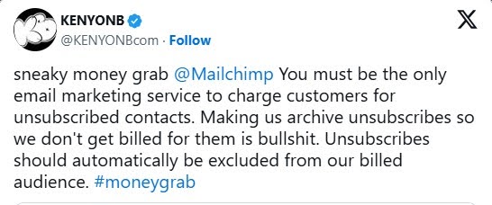 Screenshot of tweet regarding Mailchimp's pricing increase in 2019