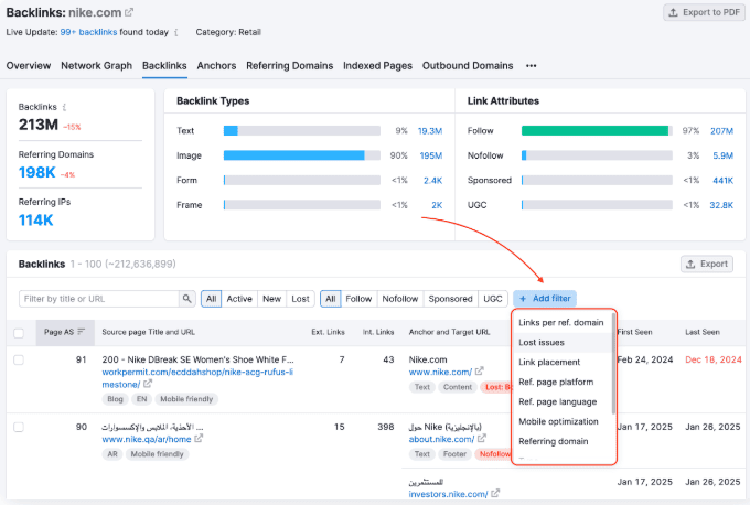 A backlink report’s filtering feature