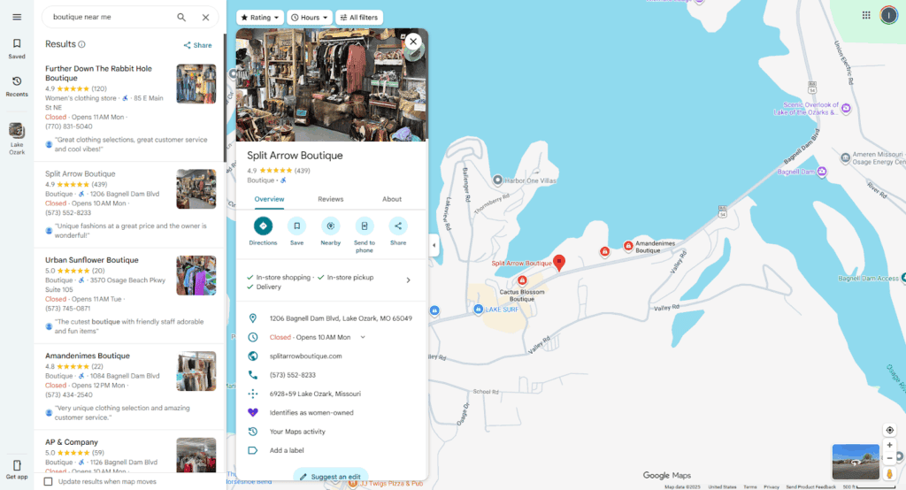 Example of a Google Business Profile of the company "Split Arrow Boutique" as it appears on Google Maps after performing a local search for "boutique near me" on Google