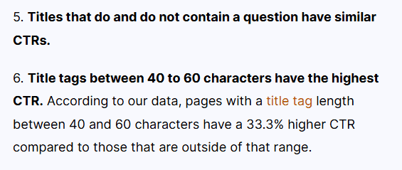 Title tags between 40–60 characters earn a higher CTR Title tags between 40 and 60 characters earn a higher CTR