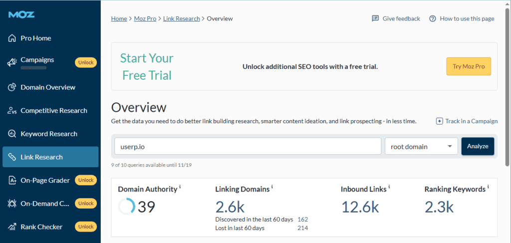 Backlink profile for uSERP from Moz's Link Research