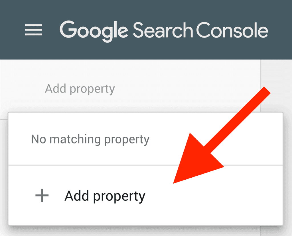 Google Search Console screenshot showing how to Add property