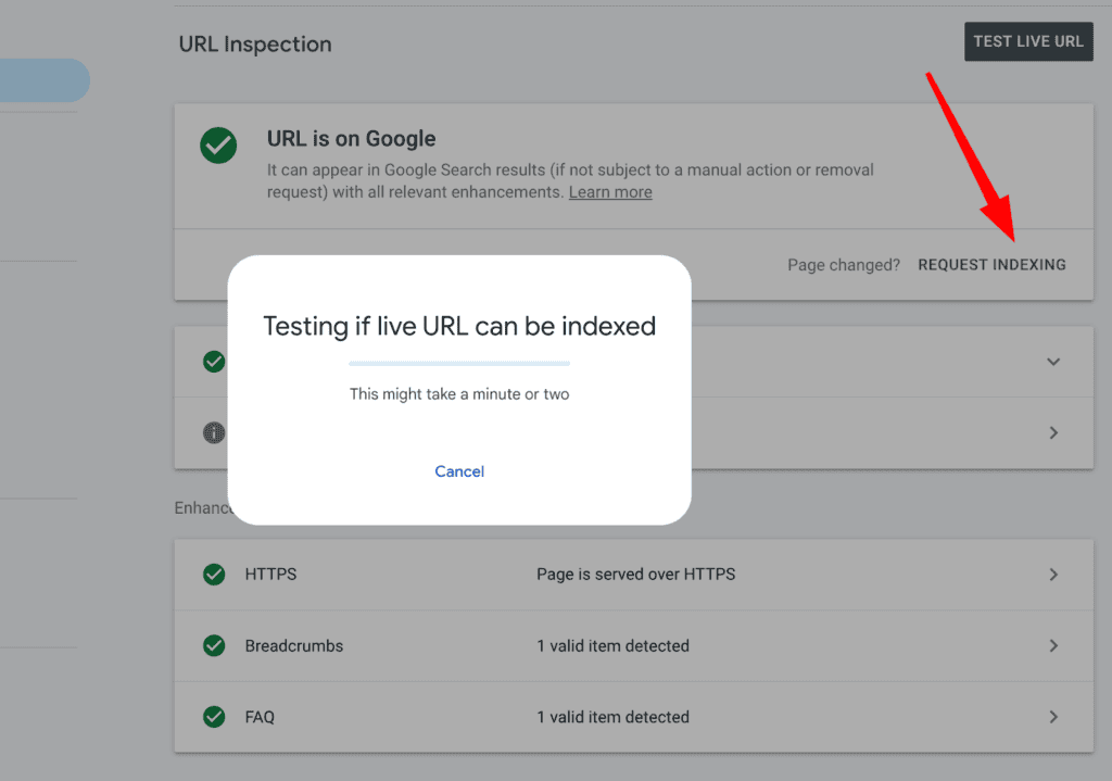 Google Search Console screenshot showing how to go URL inspection and request indexing