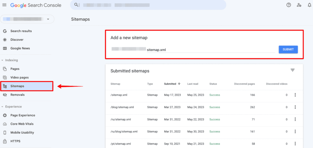 Google Search Console screenshot showing Sitemaps report