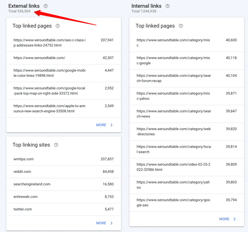 Google Search Console screenshot showing Links report