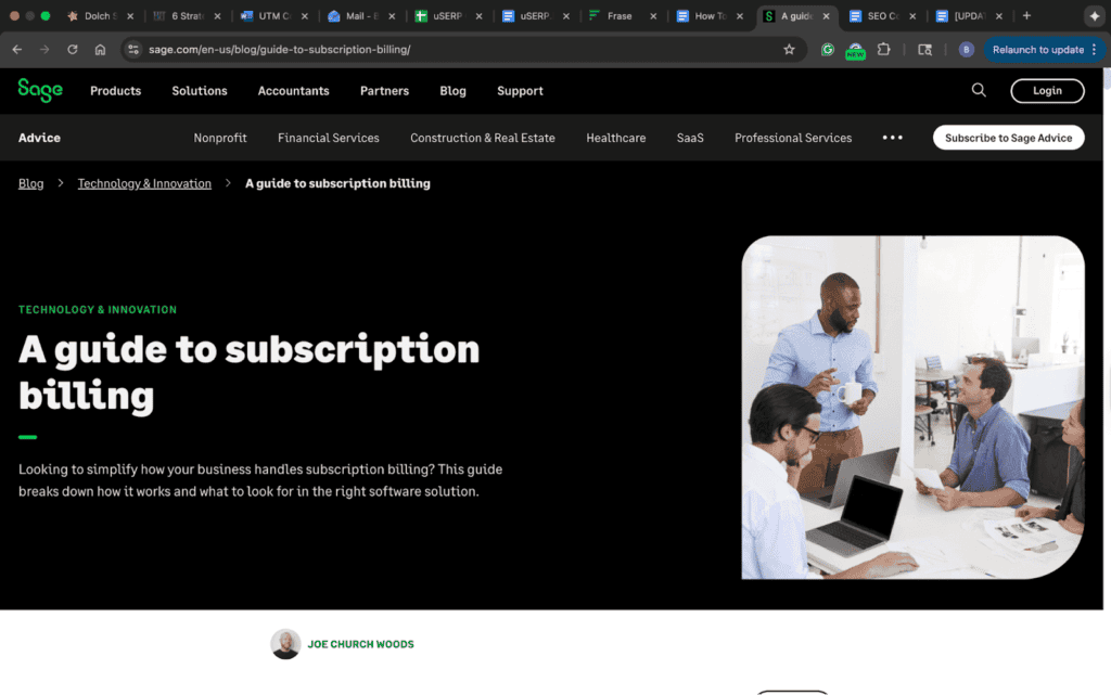 Screenshot of blog post by Sage about subscription billing
