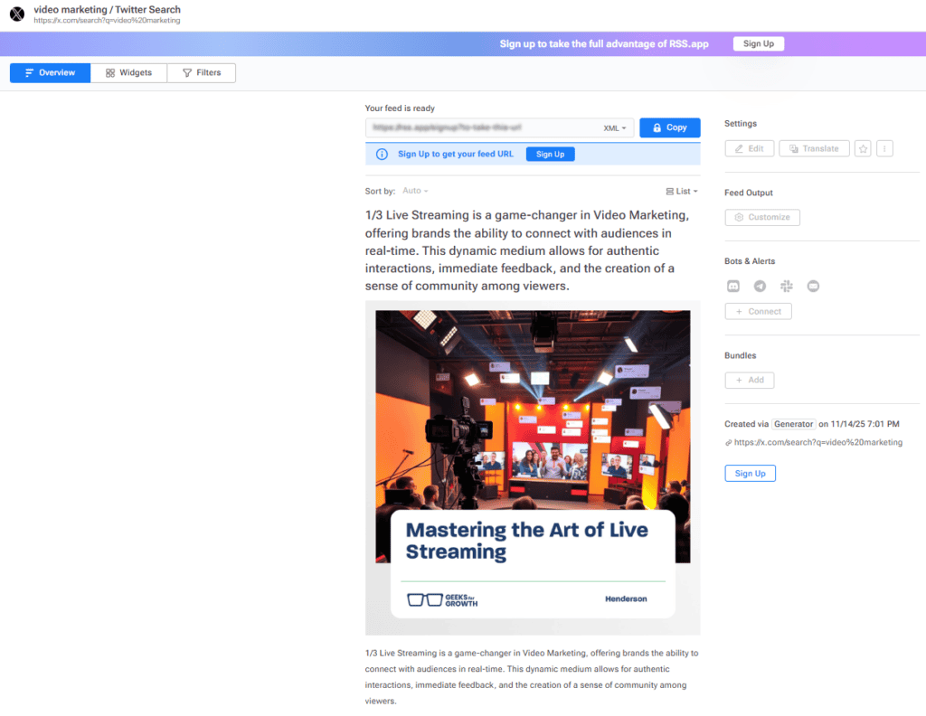 Twitter RSS feed for “video marketing”.