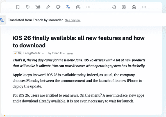 Inoreader’s translation feature
