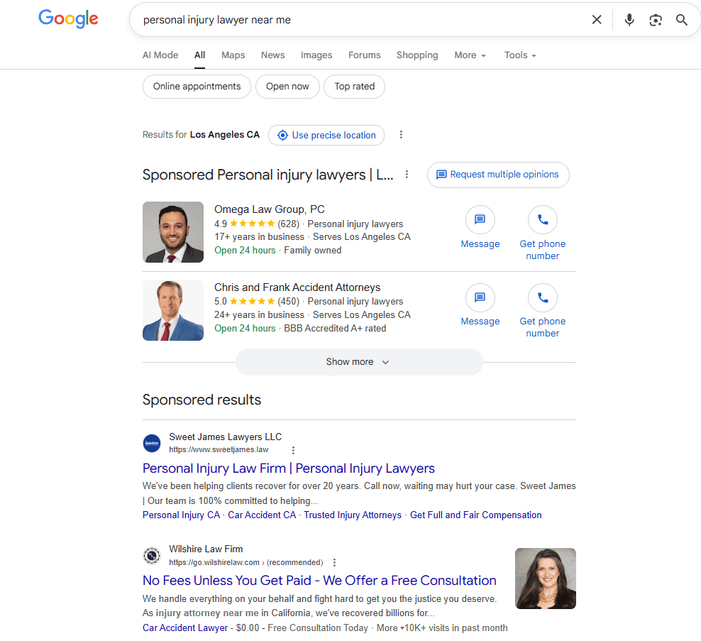 Google search results for “personal injury lawyer near me” showing local SEO results