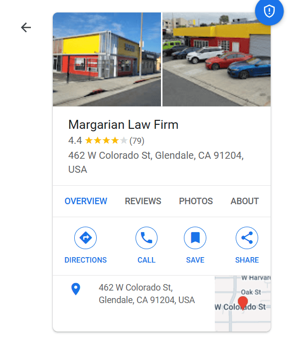 Optimized Google Business Profile for a law firm (Margarian Law Firm) showing reviews and practice area details.
