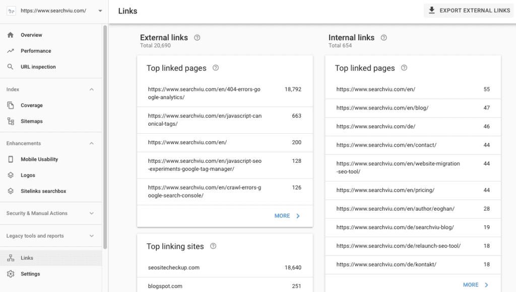 Google Search Console screenshot showing how to go to  Links report