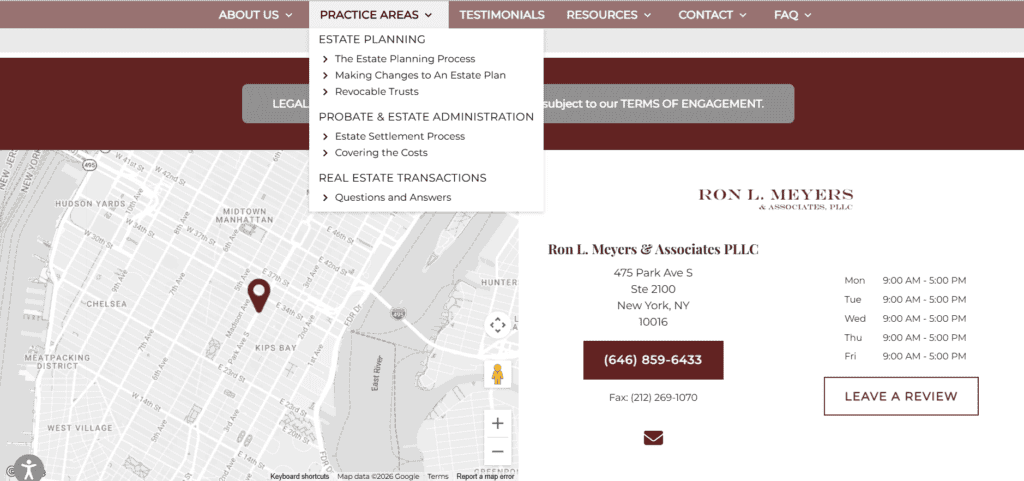 Ron Meyers & Associates law firm website showing clear navigation structure with practice areas and location pages