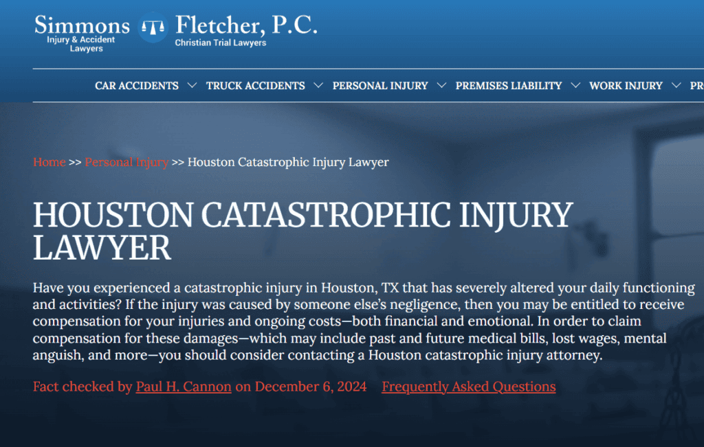 Example of a law firm (SimmonsandFletcher) location page targeting a specific city (Houston) with locally relevant legal content