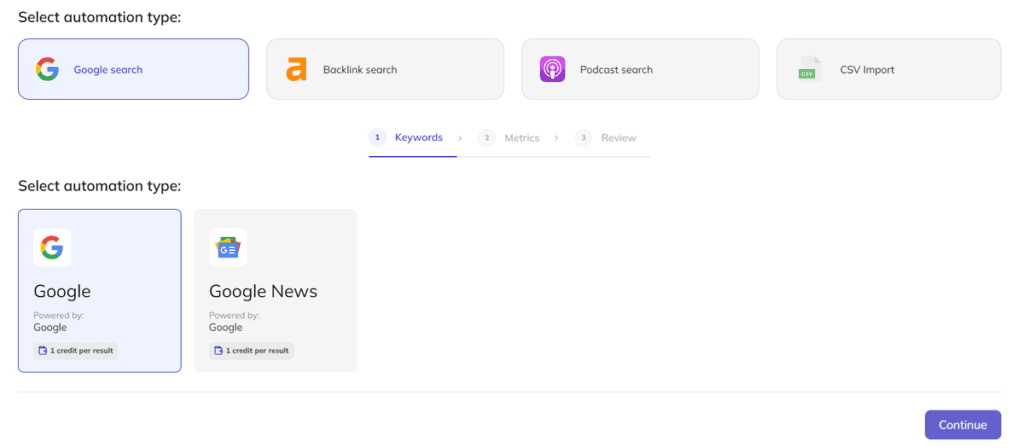 A Respona workflow menu showing options to select automation types like Google search, Backlink search, or Podcast search