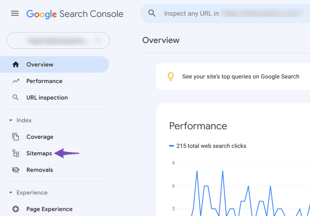 Google Search Console screenshot showing how to go to Sitemaps