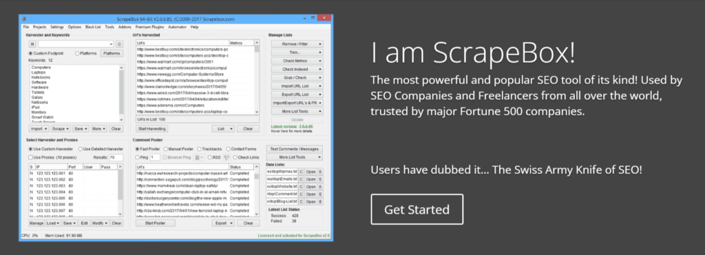 Scrapebox desktop application interface next to text describing it  as "the Swiss Army knife of SEO"