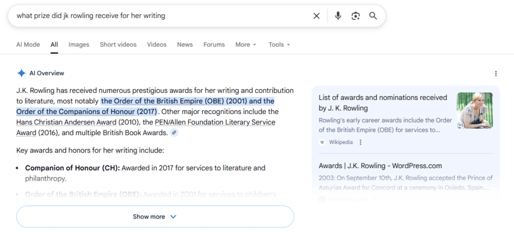 A book author's award summary in AI Overview