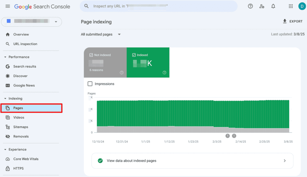 Google Search Console screenshot showing how to go to Page indexing