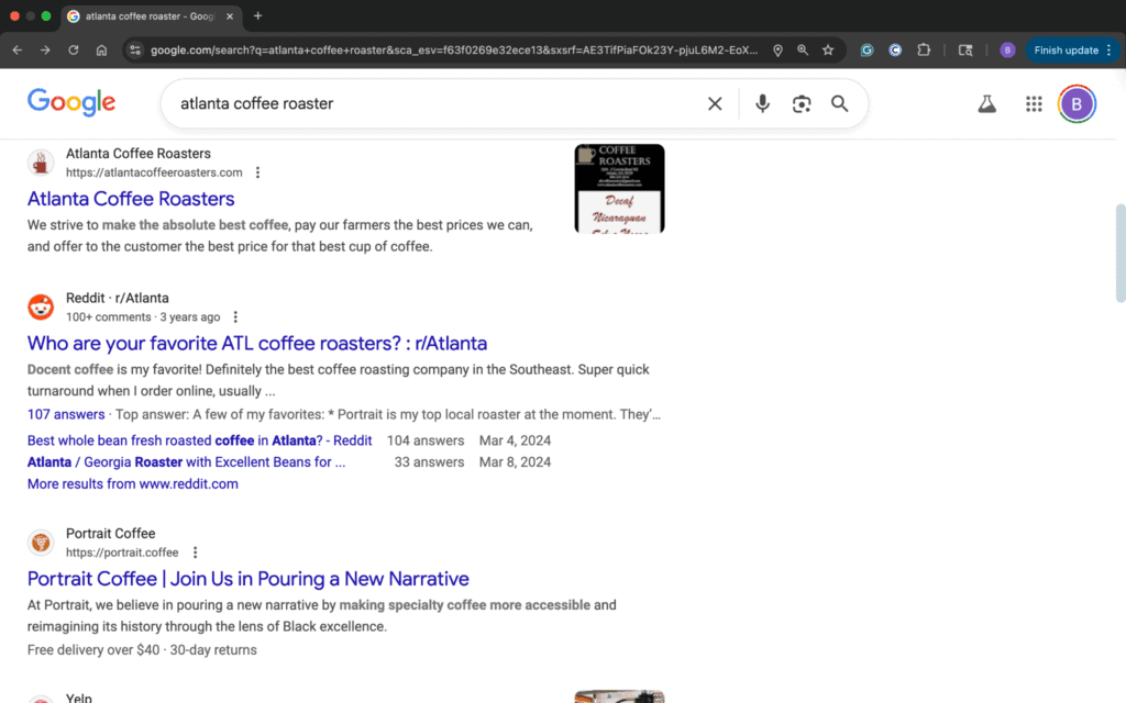 Screenshot of Google search results for keyword Atlanta coffee roaster