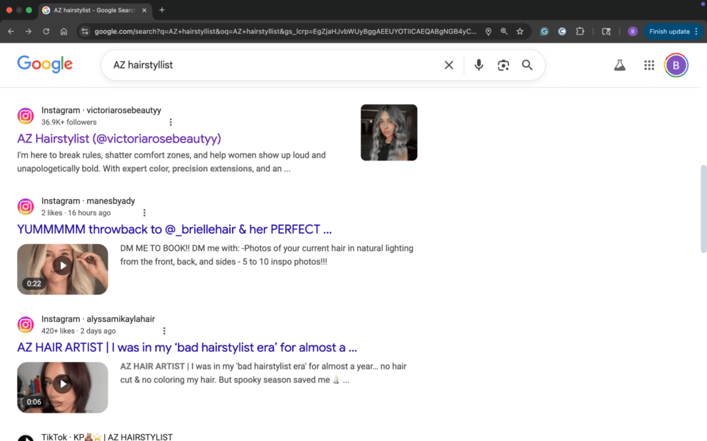 Screenshot of Google search result for AZ hairstylist