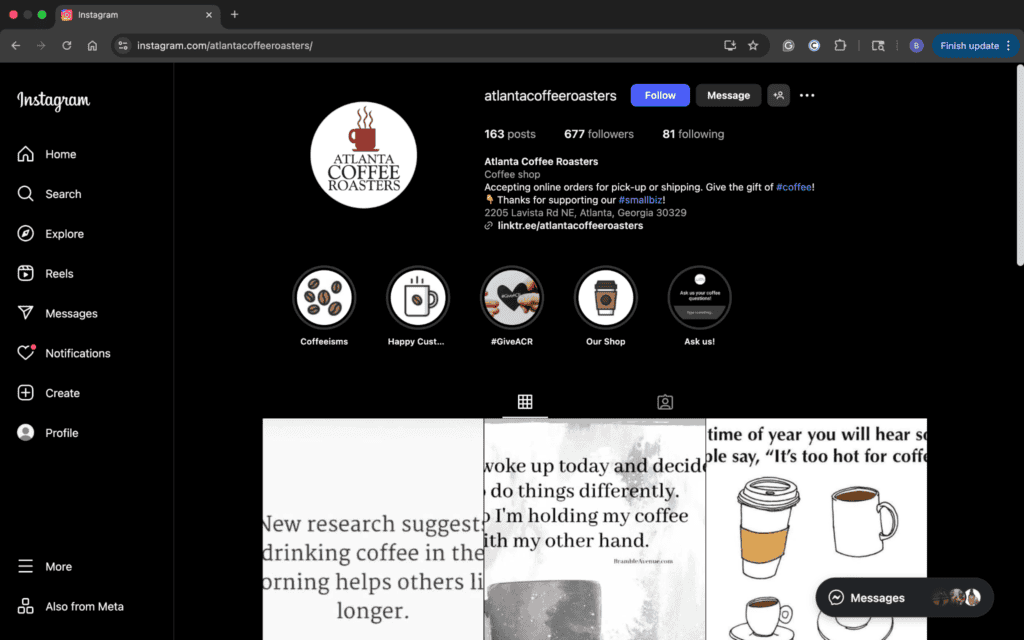 Screenshot of Instagram profile of brand Atlanta Coffee Roasters