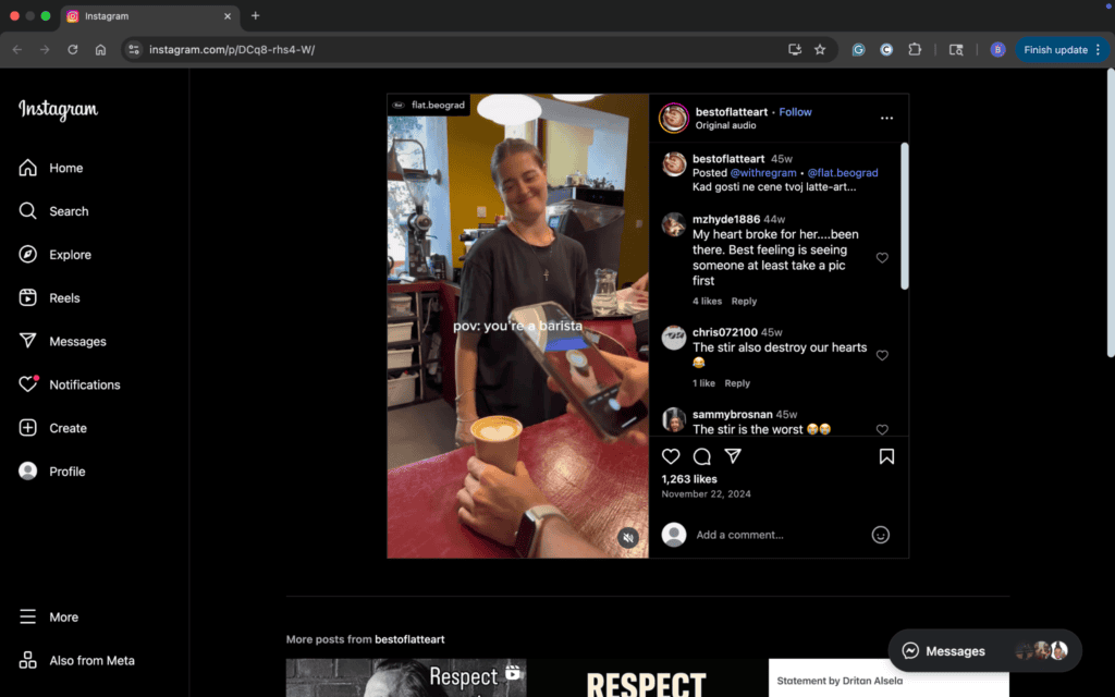 Screenshot of Instagram Reel showing barista doing latte art challenge