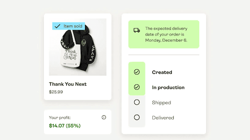 Print-on-demand dashboard showing orders with production status and profit