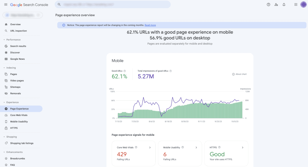 Google Search Console screenshot showing Page experience and mobile usability