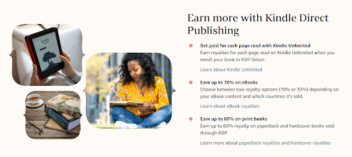 Kindle Direct Publishing graphic showing ebook and print book royalty options