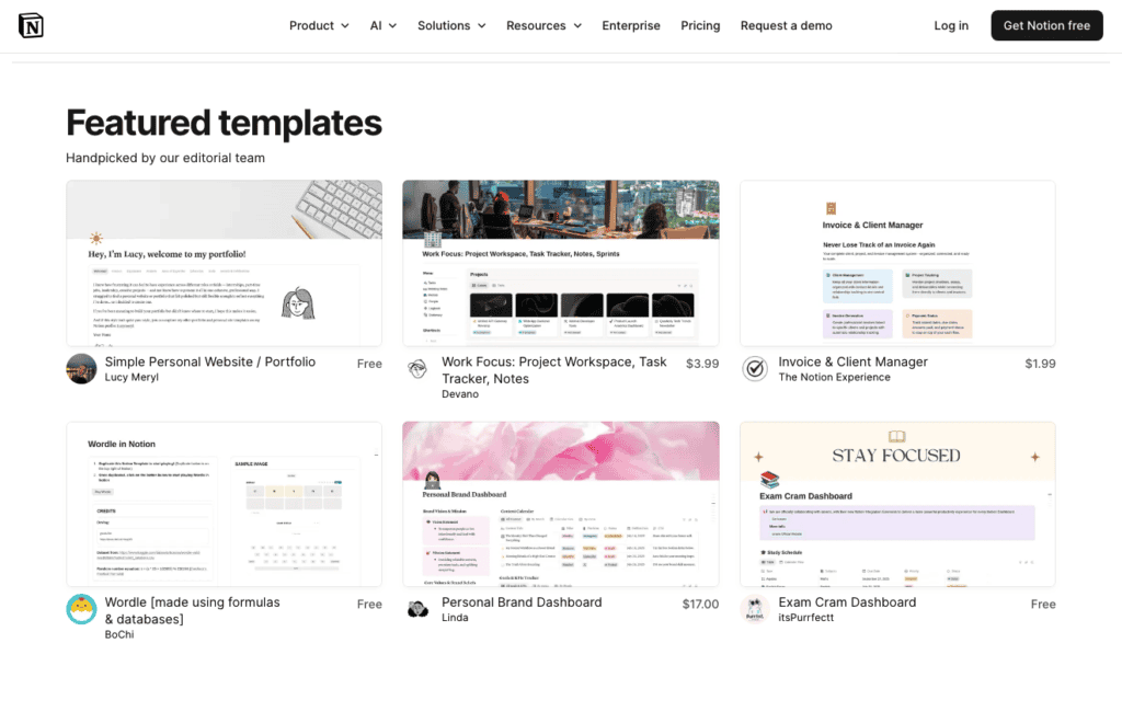 Screenshot of Notion's Templates page
