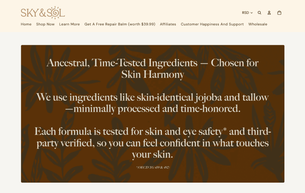 Screenshot of Sky & Sol Ingredients page