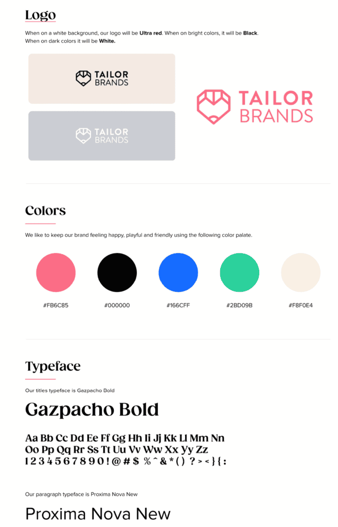 Screenshot shows Tailor Brands’ logo, colors, and fonts.