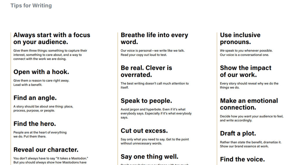 The Purdue University Fort Wayne Brand’s writing tips screenshot.