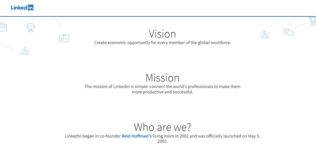 Screenshot of LinkedIn’s mission and vision.