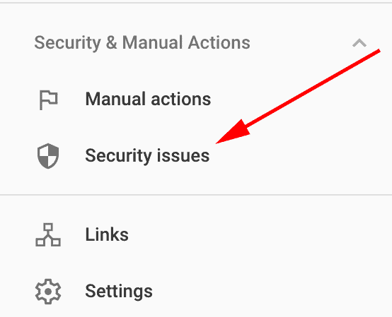 Google Search Console screenshot showing how to go security and manual actions