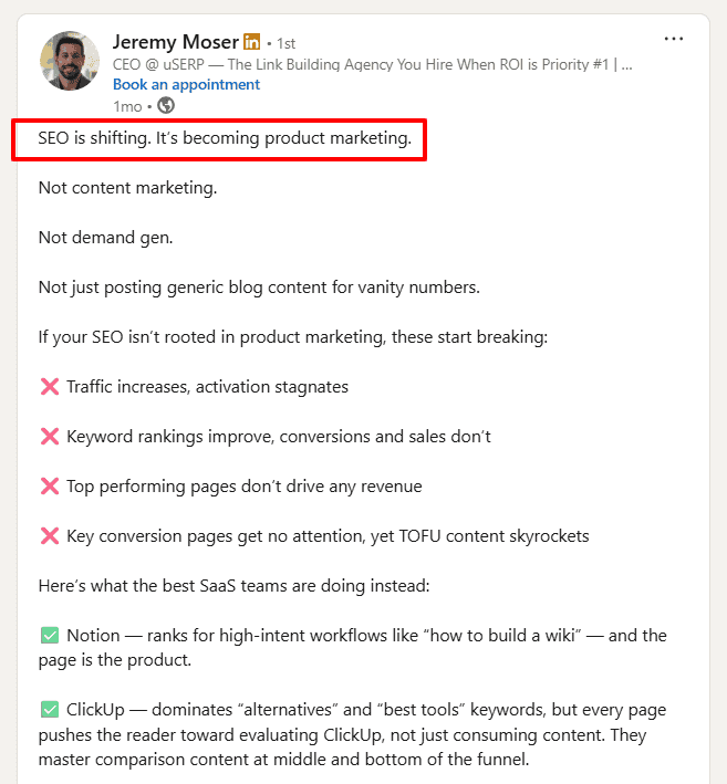 Jeremy Moser talks about Product Marketing becoming a major SEO focus on LinkedIn.