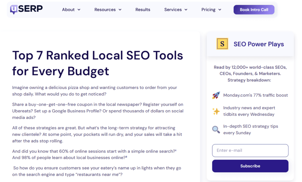 Screenshot shows uSERP’s local SEO tools comparison guide.